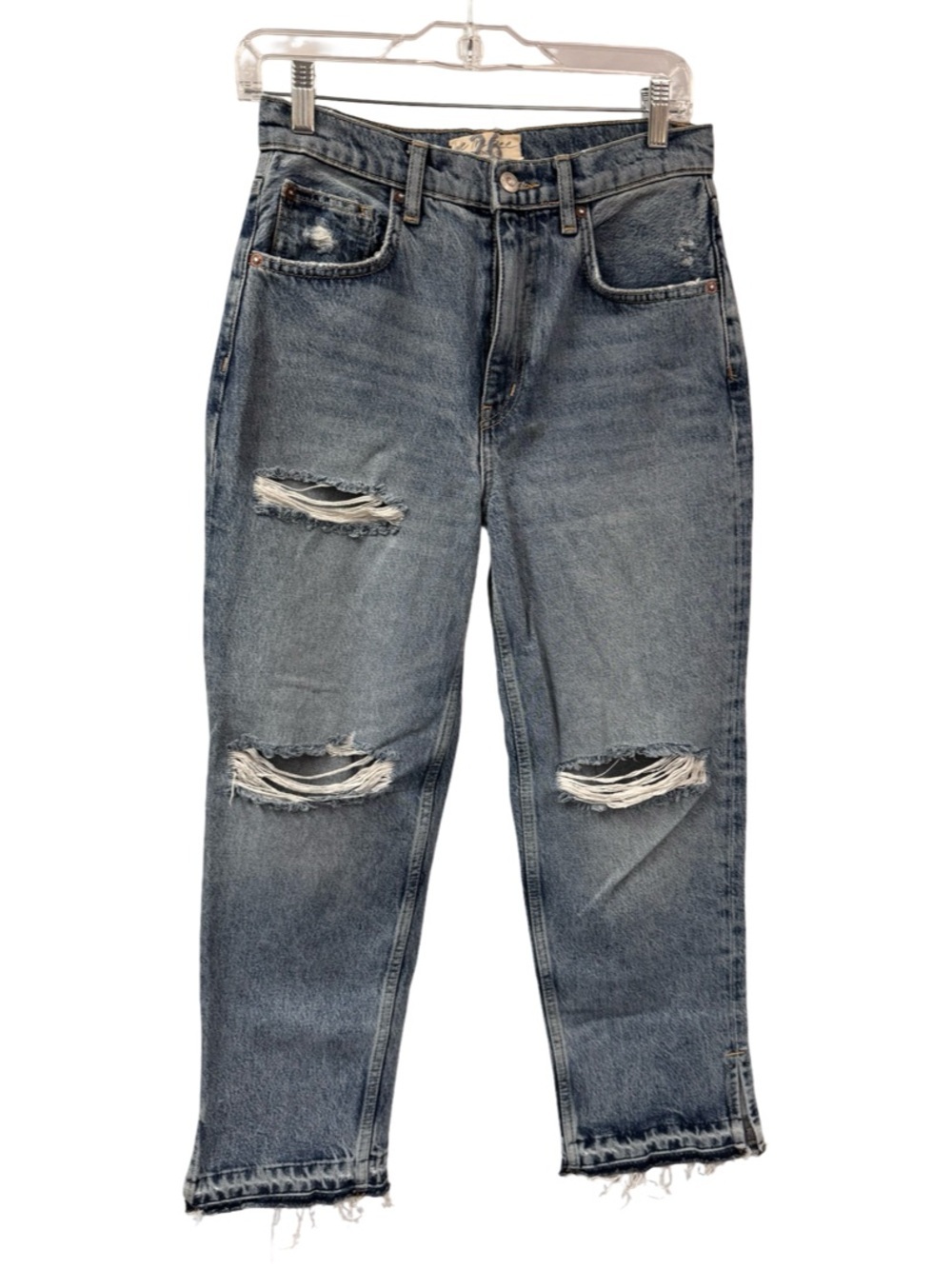We The Free Distressed Jeans 26 High Rise Straight Leg Raw Hem Light Wash
